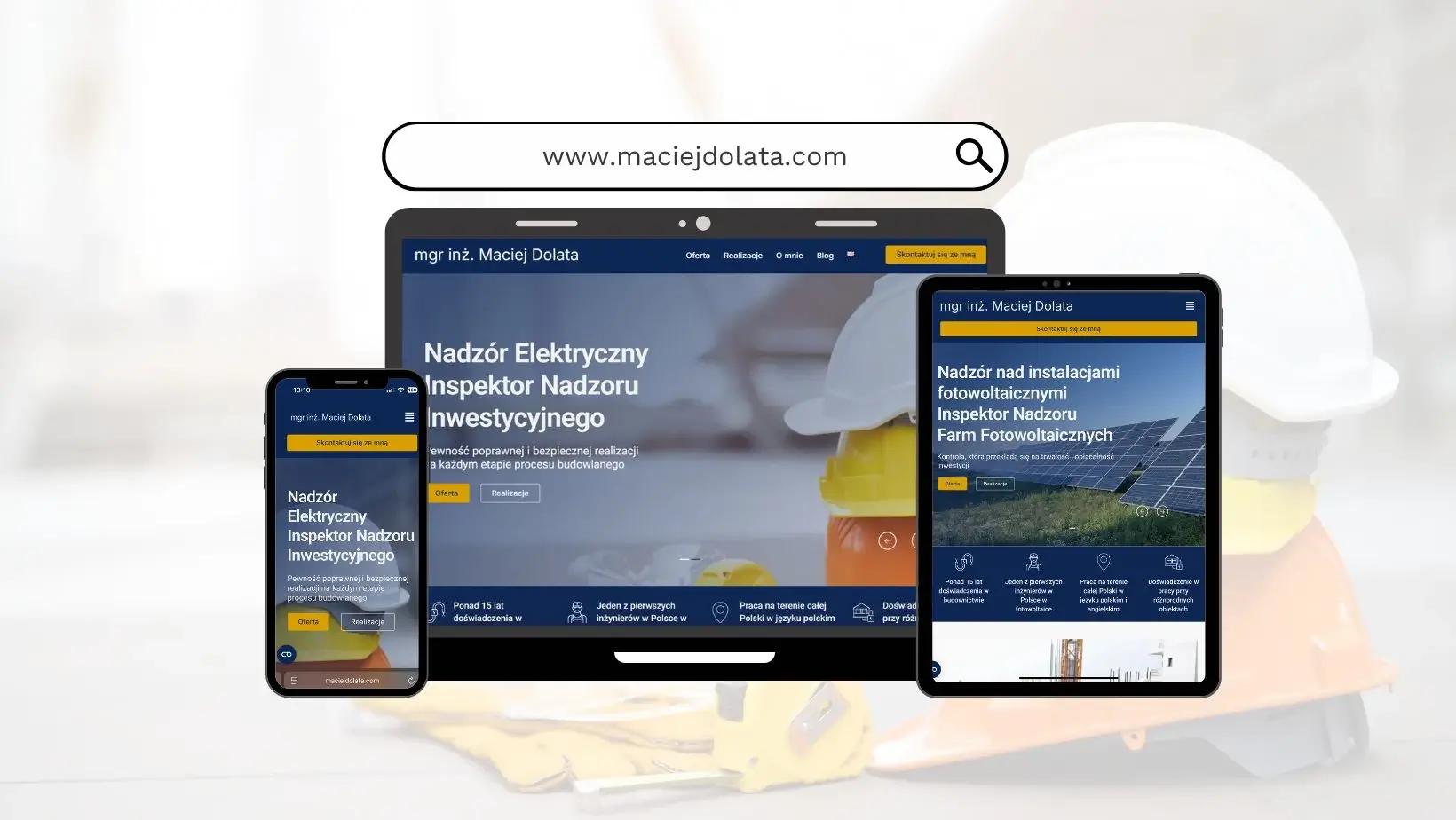 Mockup strony maciejdolata.com w wersji desktop, tablet i telefon
