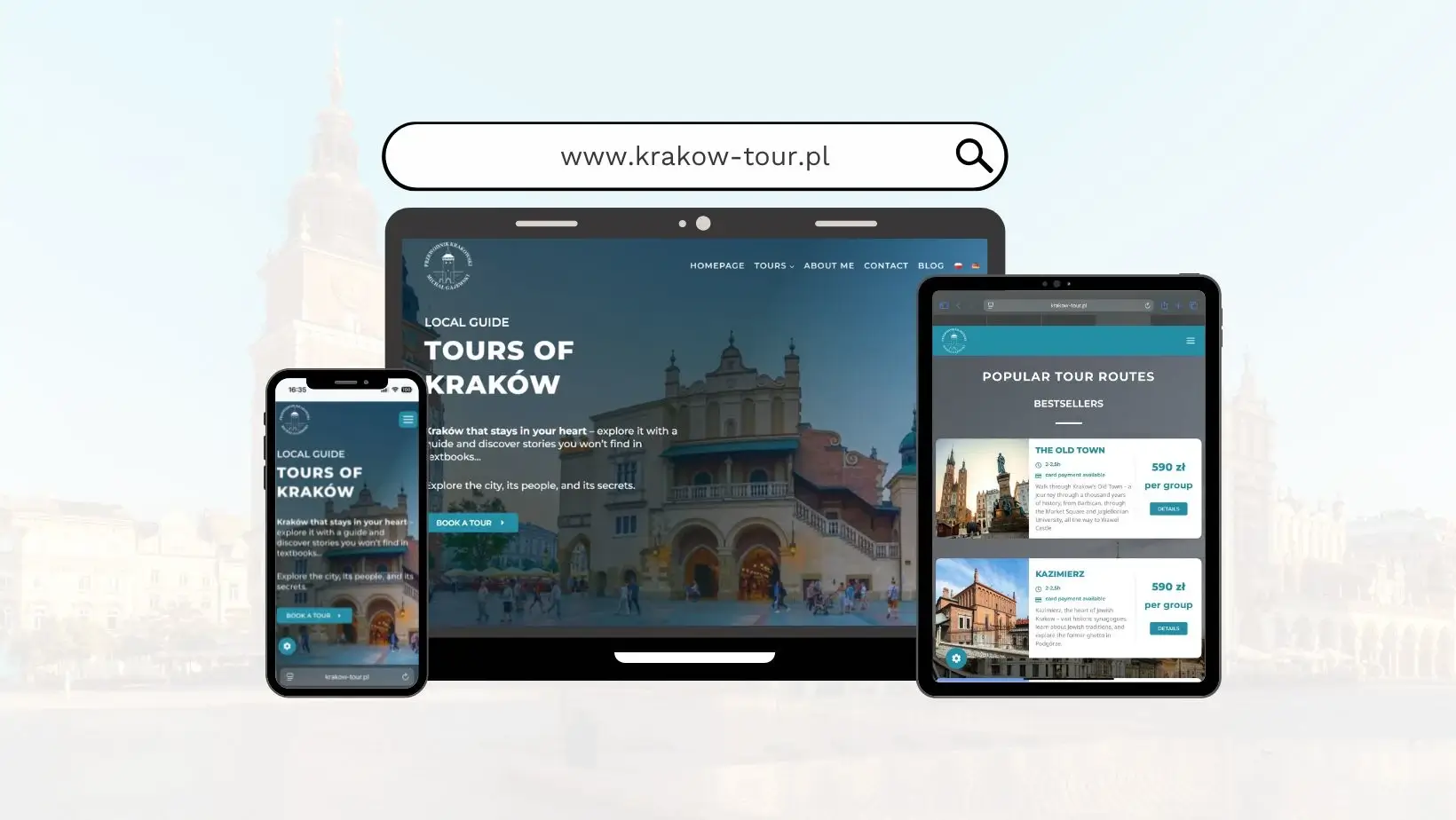 Mockup z widokiem na desktop, tablet i telefon strony krakow-tour.pl
