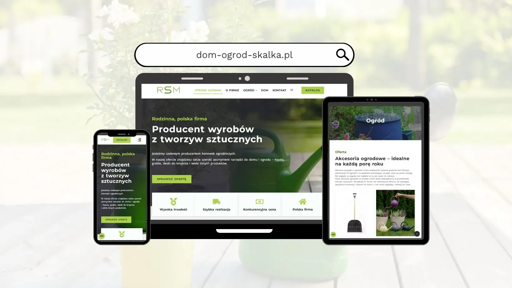Mockup komputera, tablet i telefonu z realizacją strony www dla RSM Producenta wyrobów z tworzyw sztucznych