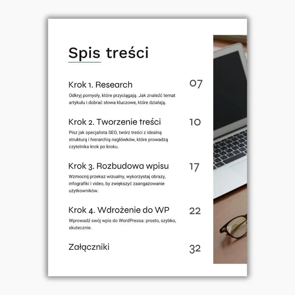Spis treści ebooka dot. tworzenia wpisów w WordPressie z wykorzystaniem zasad SEO i narzędzi AI